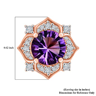 D'Joy Concave Cut AAA Rose De France Amethyst and White Zircon 4.00 ctw Flower Earrings in 18K Vermeil Rose Gold Over Sterling Silver