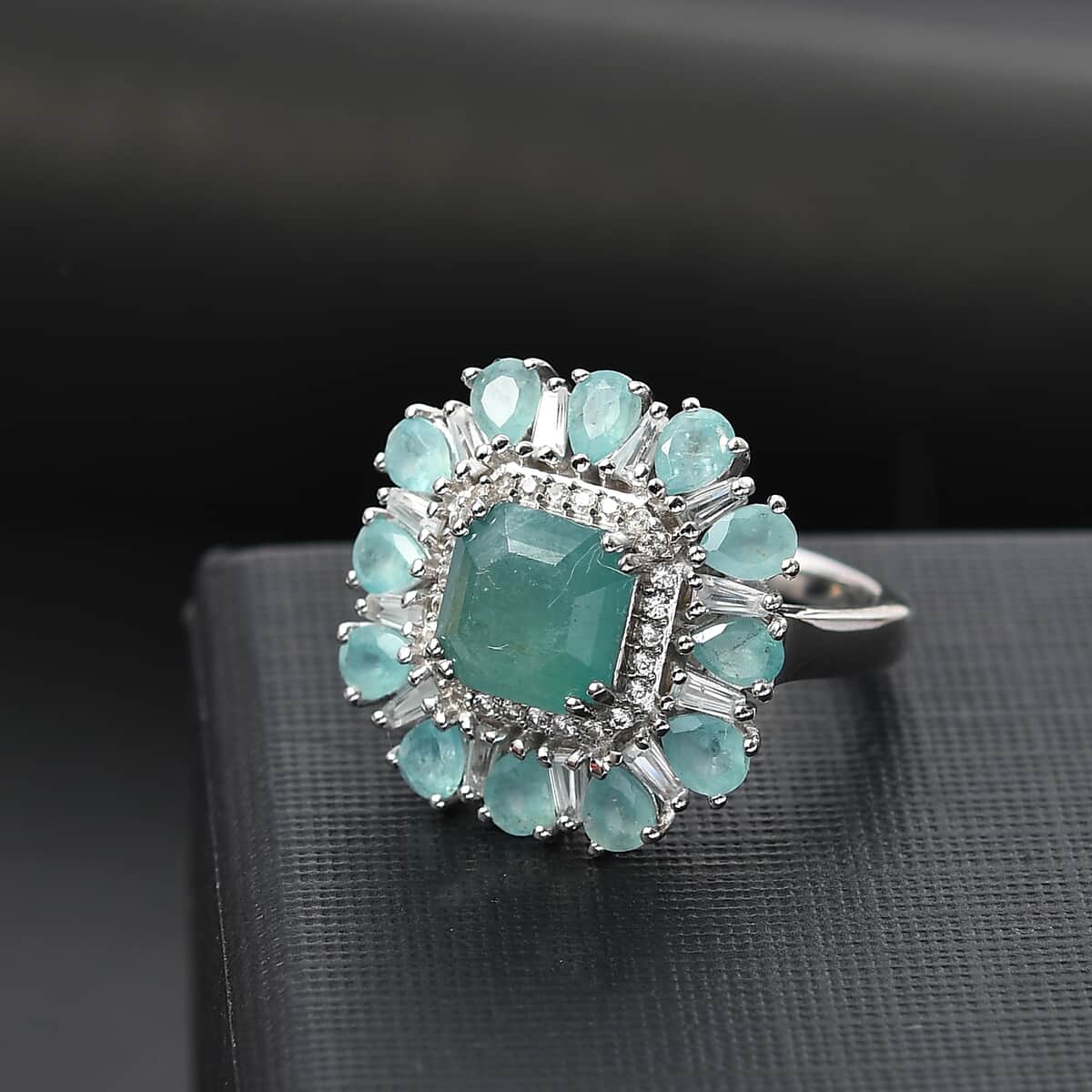 Grandidierite ,  White Zircon  Cluster Ring in Rhodium Overlay Sterling Silver 5.37 ctw ,  Silver Wt. 7 g image number 1