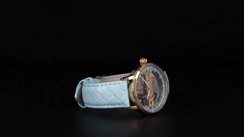 Classic Succession Automatic Mechanical Movement Austrian Crystal Watch in ION Plated YG Stainless Steel with Light Blue Leather Strap (38.8mm)