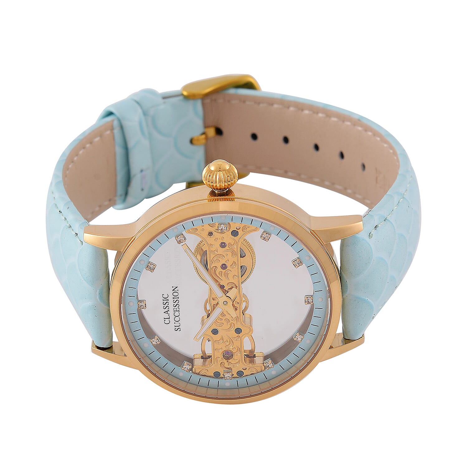 Classic Succession Automatic Mechanical Movement Austrian Crystal Watch in ION Plated YG Stainless Steel with Light Blue Leather Strap (38.8mm)