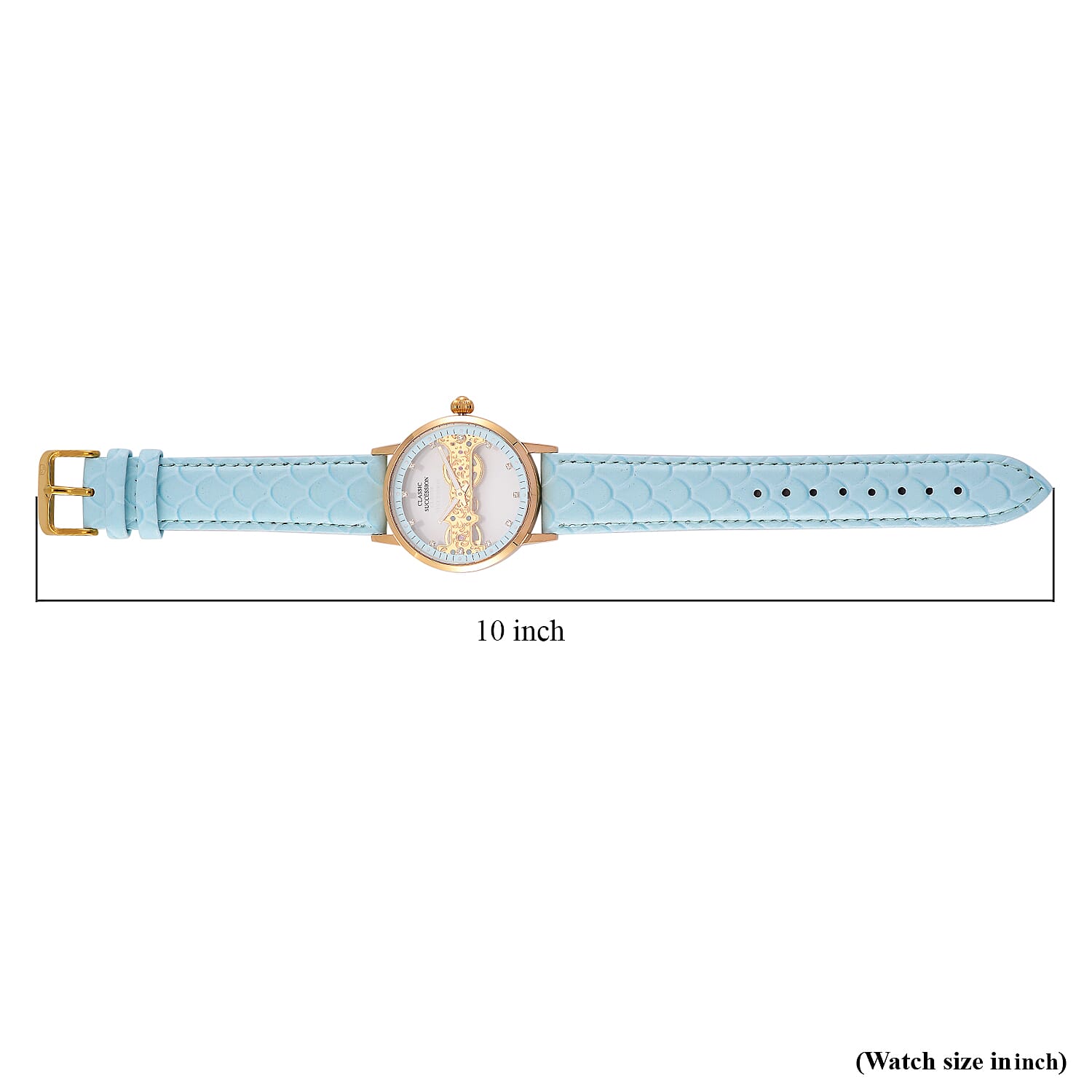 Classic Succession Automatic Mechanical Movement Austrian Crystal Watch in ION Plated YG Stainless Steel with Light Blue Leather Strap (38.8mm)