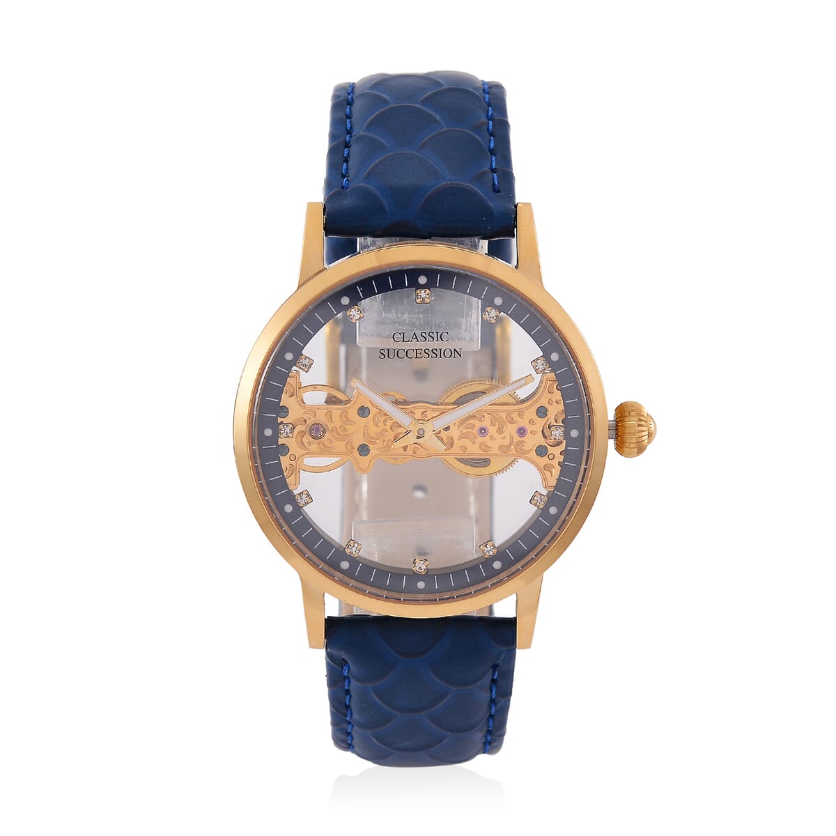 Value Buy Classic Succession Automatic Mechanical Movement Austrian Crystal Watch in ION Plated YG Stainless Steel with Navy Blue Leather Strap (38.8mm) image number 0
