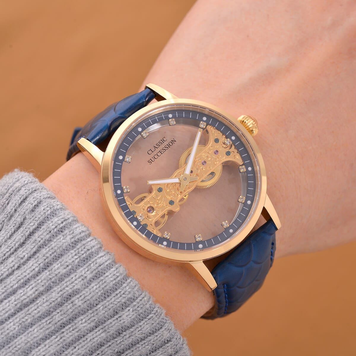 Value Buy Classic Succession Automatic Mechanical Movement Austrian Crystal Watch in ION Plated YG Stainless Steel with Navy Blue Leather Strap (38.8mm) image number 1