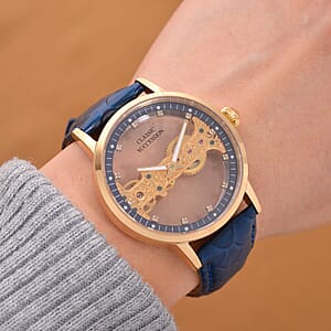 Classic Succession Automatic Mechanical Movement Austrian Crystal Watch in ION Plated YG Stainless Steel with Navy Blue Leather Strap (38.8mm)