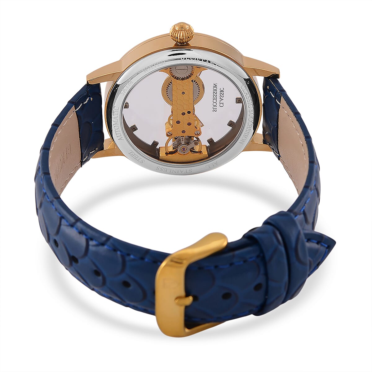 Classic Succession Automatic Mechanical Movement Austrian Crystal Watch in ION Plated YG Stainless Steel with Navy Blue Leather Strap (38.8mm) image number 6
