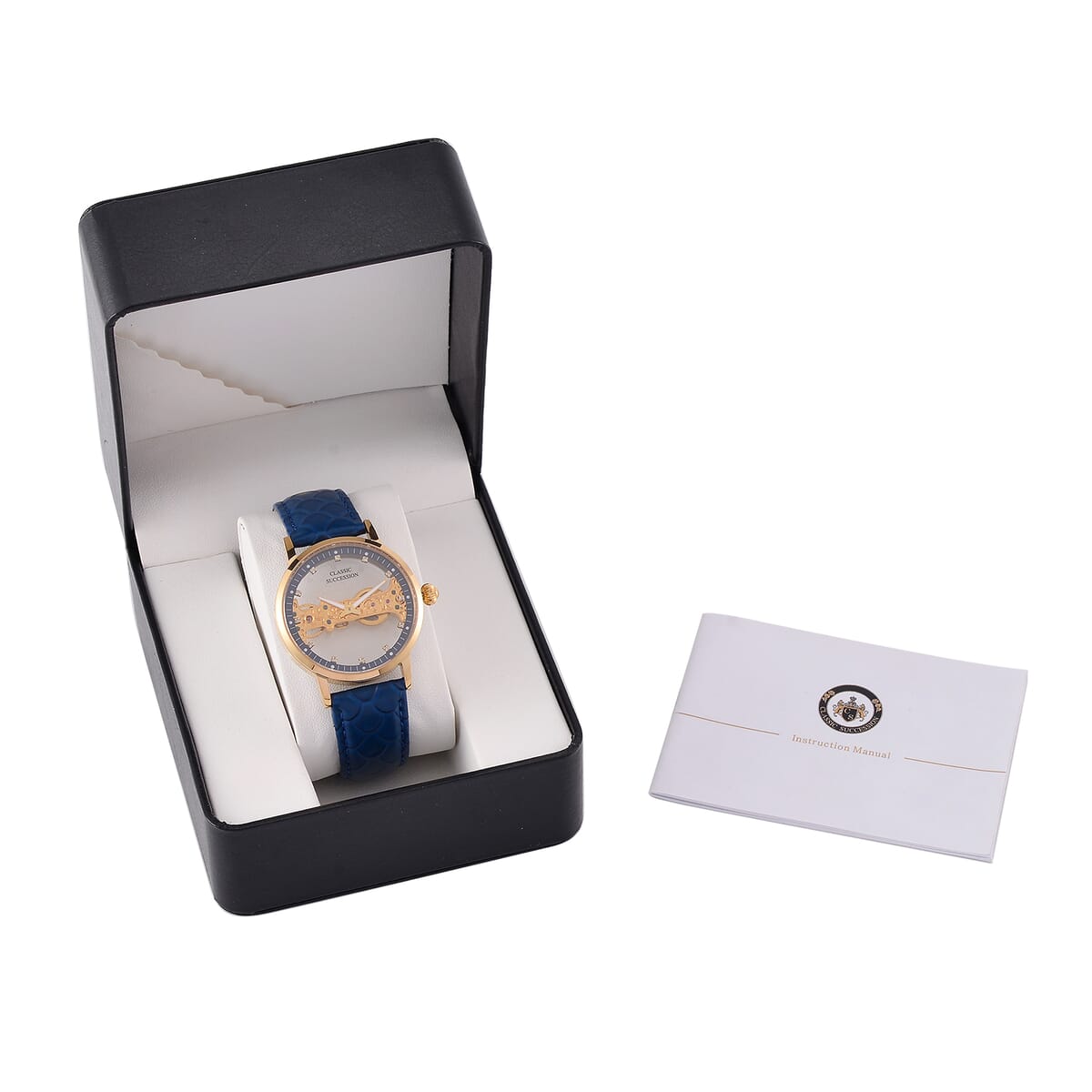 Value Buy Classic Succession Automatic Mechanical Movement Austrian Crystal Watch in ION Plated YG Stainless Steel with Navy Blue Leather Strap (38.8mm) image number 7