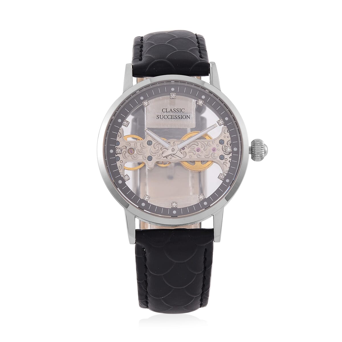 Classic Succession Automatic Mechanical Movement Austrian Crystal Watch in ION Plated YG Stainless Steel with Black Leather Strap (38.8mm) image number 0