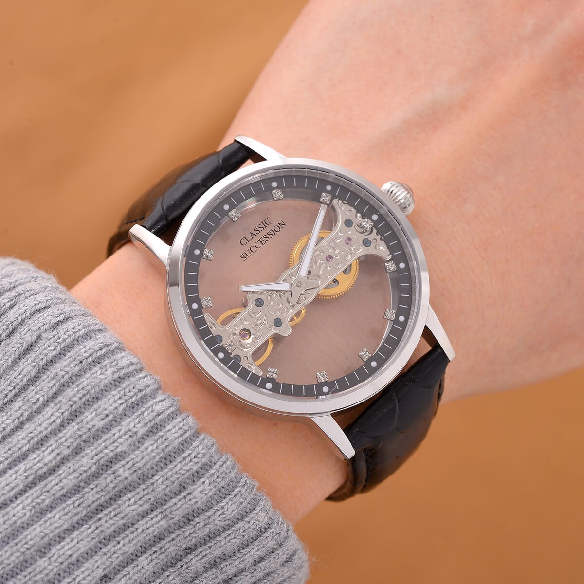 Classic Succession Automatic Mechanical Movement Austrian Crystal Watch in ION Plated YG Stainless Steel with Black Leather Strap (38.8mm) image number 1