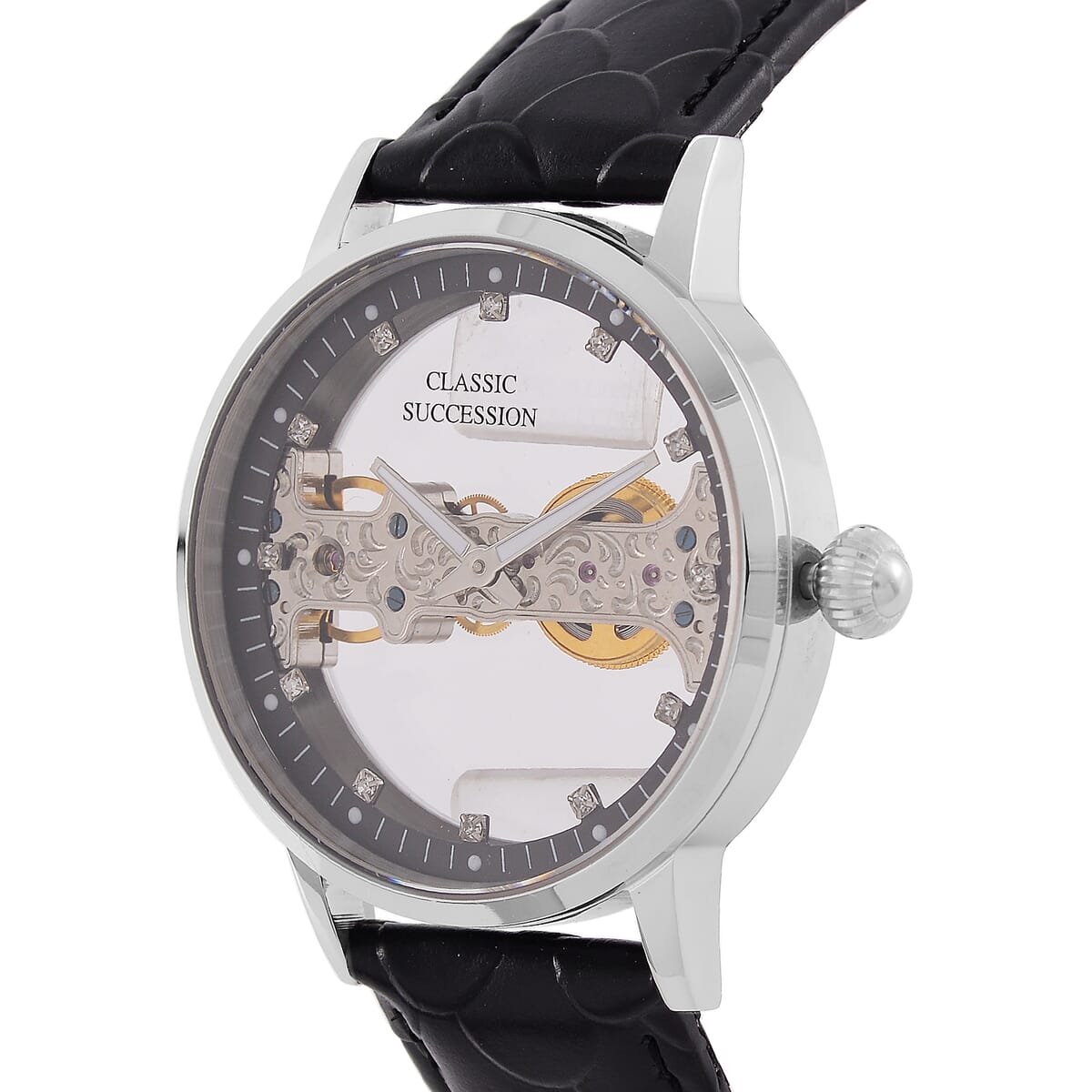 Classic Succession Automatic Mechanical Movement Austrian Crystal Watch in ION Plated YG Stainless Steel with Black Leather Strap (38.8mm) image number 2