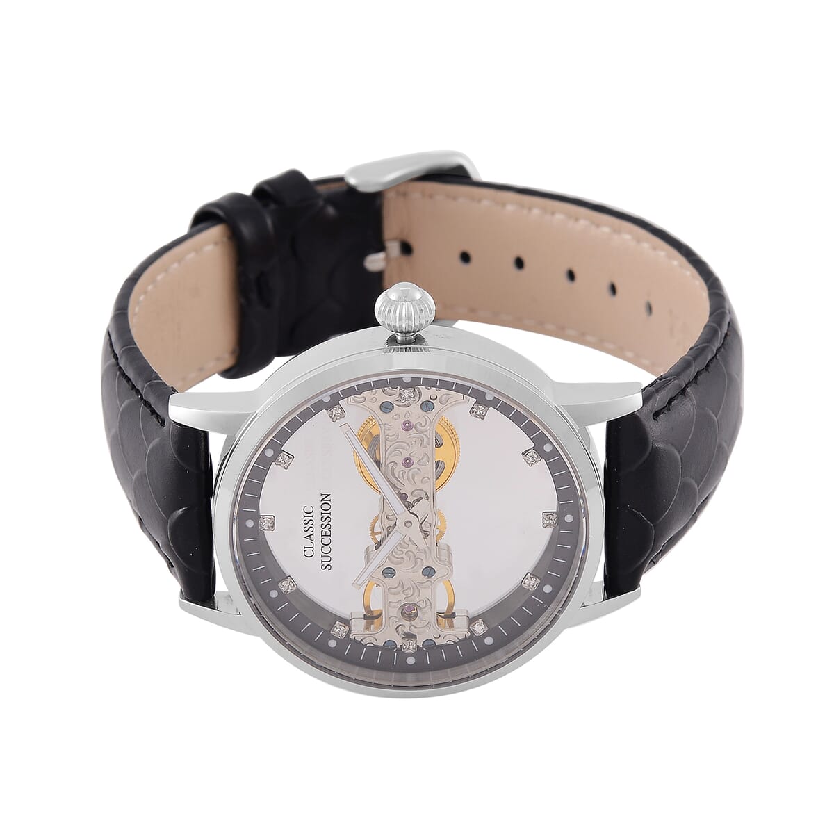 Classic Succession Automatic Mechanical Movement Austrian Crystal Watch in ION Plated YG Stainless Steel with Black Leather Strap (38.8mm) image number 3