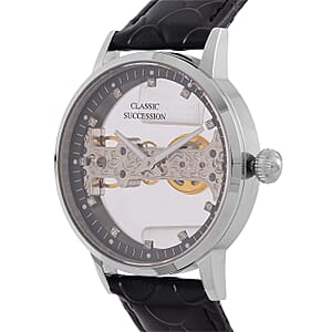 Classic Succession Automatic Mechanical Movement Austrian Crystal Watch in ION Plated YG Stainless Steel with Black Leather Strap (38.8mm)