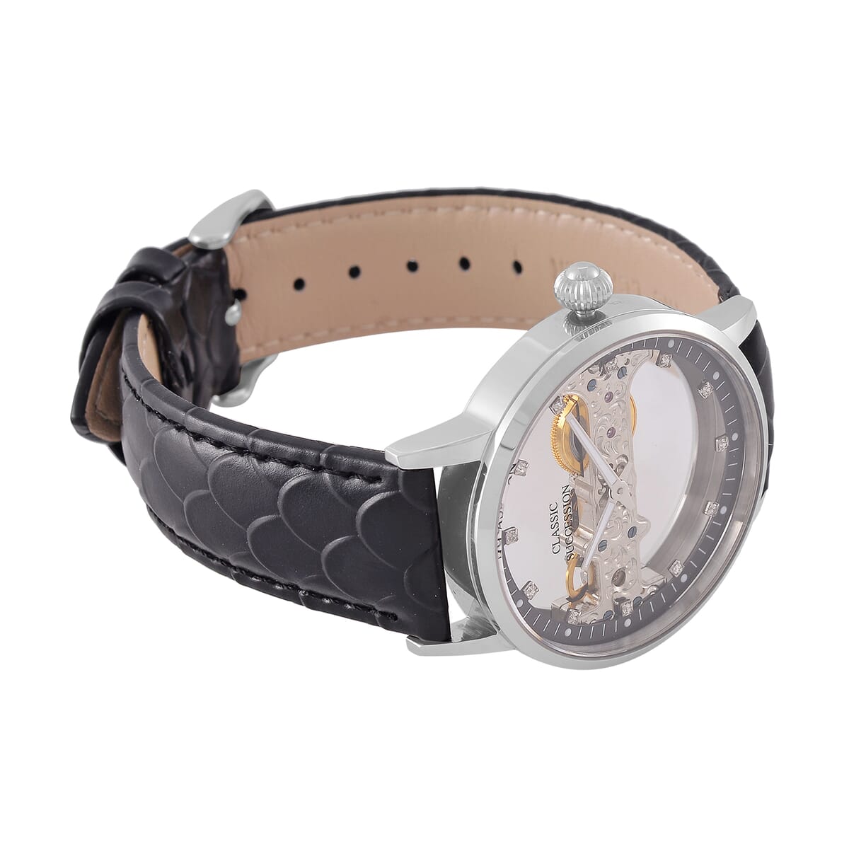 Classic Succession Automatic Mechanical Movement Austrian Crystal Watch in ION Plated YG Stainless Steel with Black Leather Strap (38.8mm) image number 4