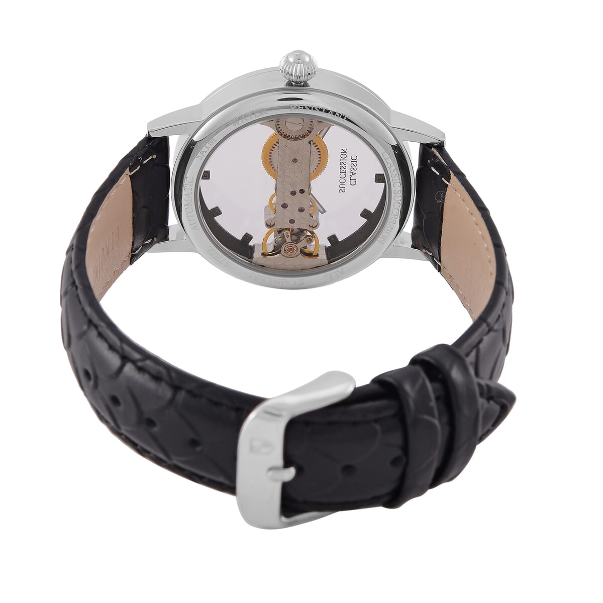 Classic Succession Automatic Mechanical Movement Austrian Crystal Watch in ION Plated YG Stainless Steel with Black Leather Strap (38.8mm) image number 5