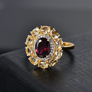 D'Joy Premium Orissa Rhodolite Garnet and Multi Gemstone 3.00 ctw Floral Ring in 18K Vermeil Yellow Gold Over Sterling Silver (Size 7.0)