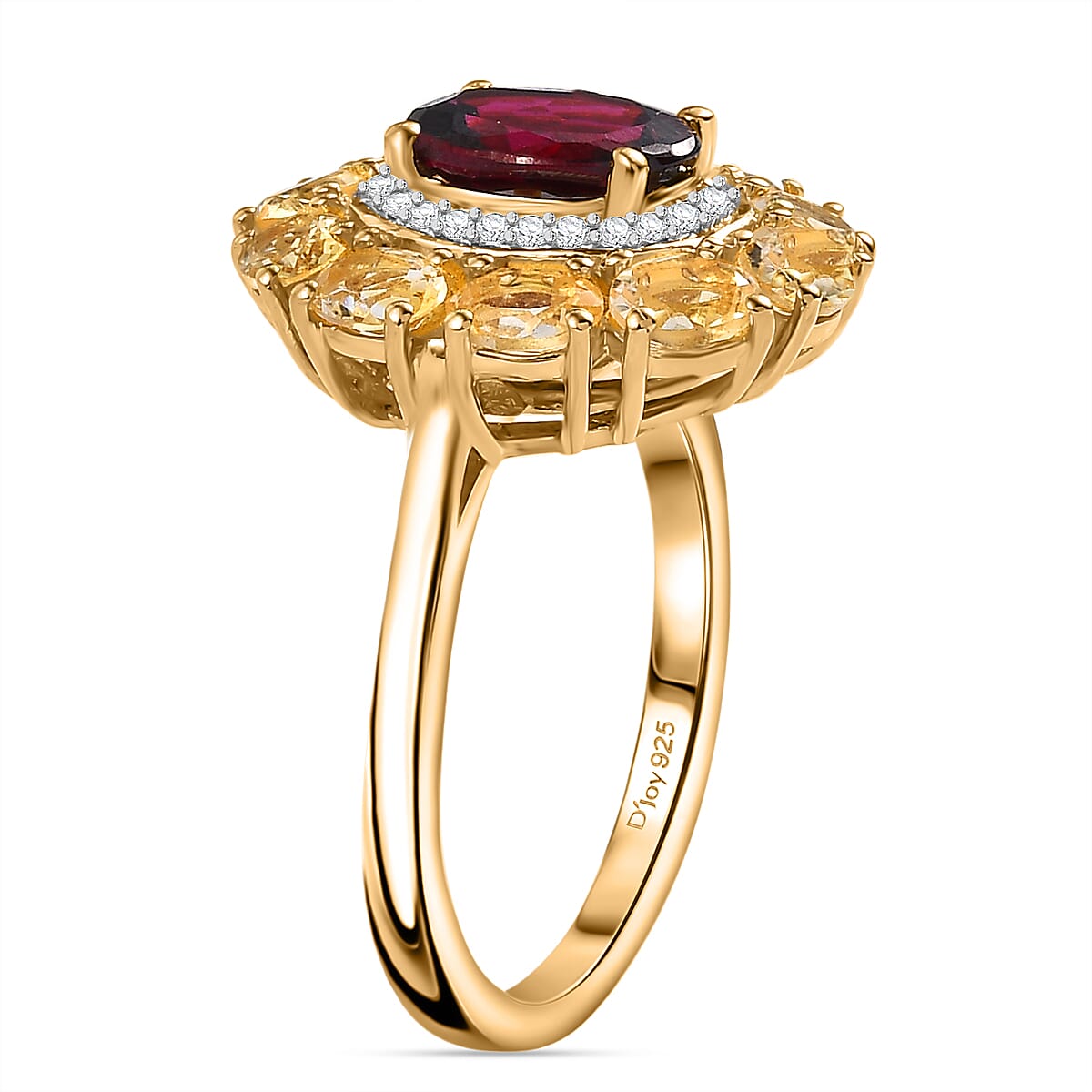 D'Joy Premium Orissa Rhodolite Garnet and Multi Gemstone 3.00 ctw Floral Ring in 18K Vermeil Yellow Gold Over Sterling Silver (Size 9.0) image number 3