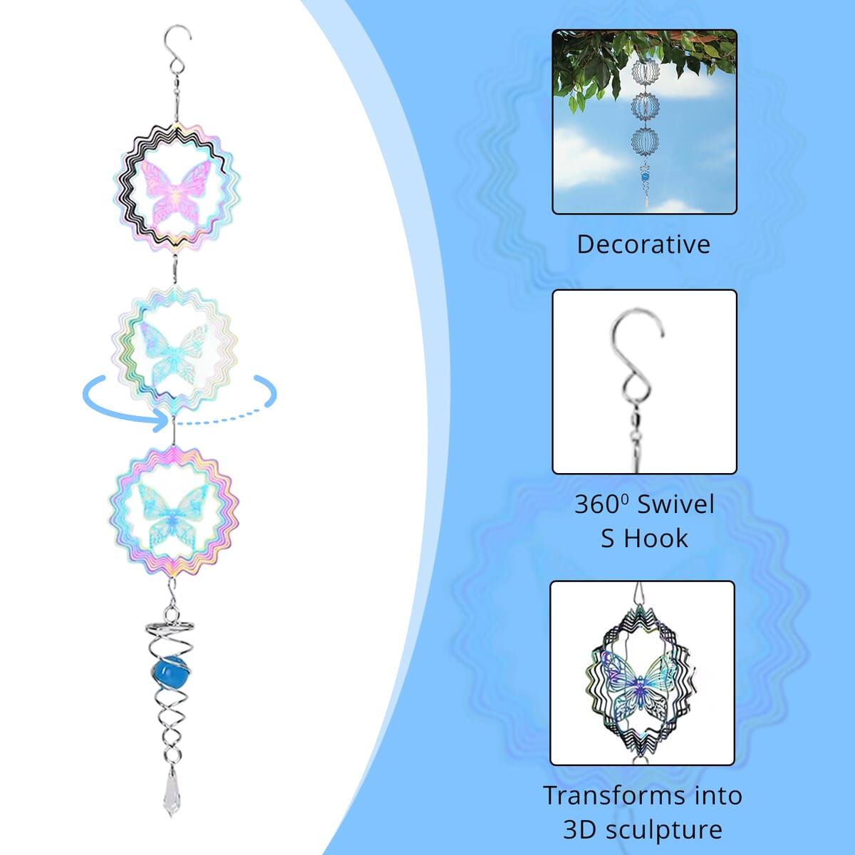 3 Tier Butterfly 3D Sculpture Stainless Steel Ball Spiral Magic Wind Spinner image number 2