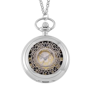 Strada Japanese Movement Flower Pattern Pocket Watch wih Chain 31 Inches in Silvertone