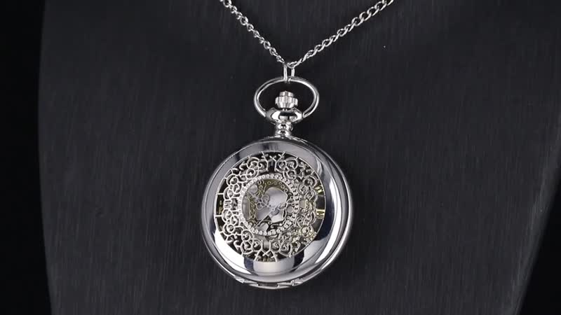 Strada Japanese Movement Flower Pattern Pocket Watch with Chain (31 Inches) in Silvertone (46.4mm)