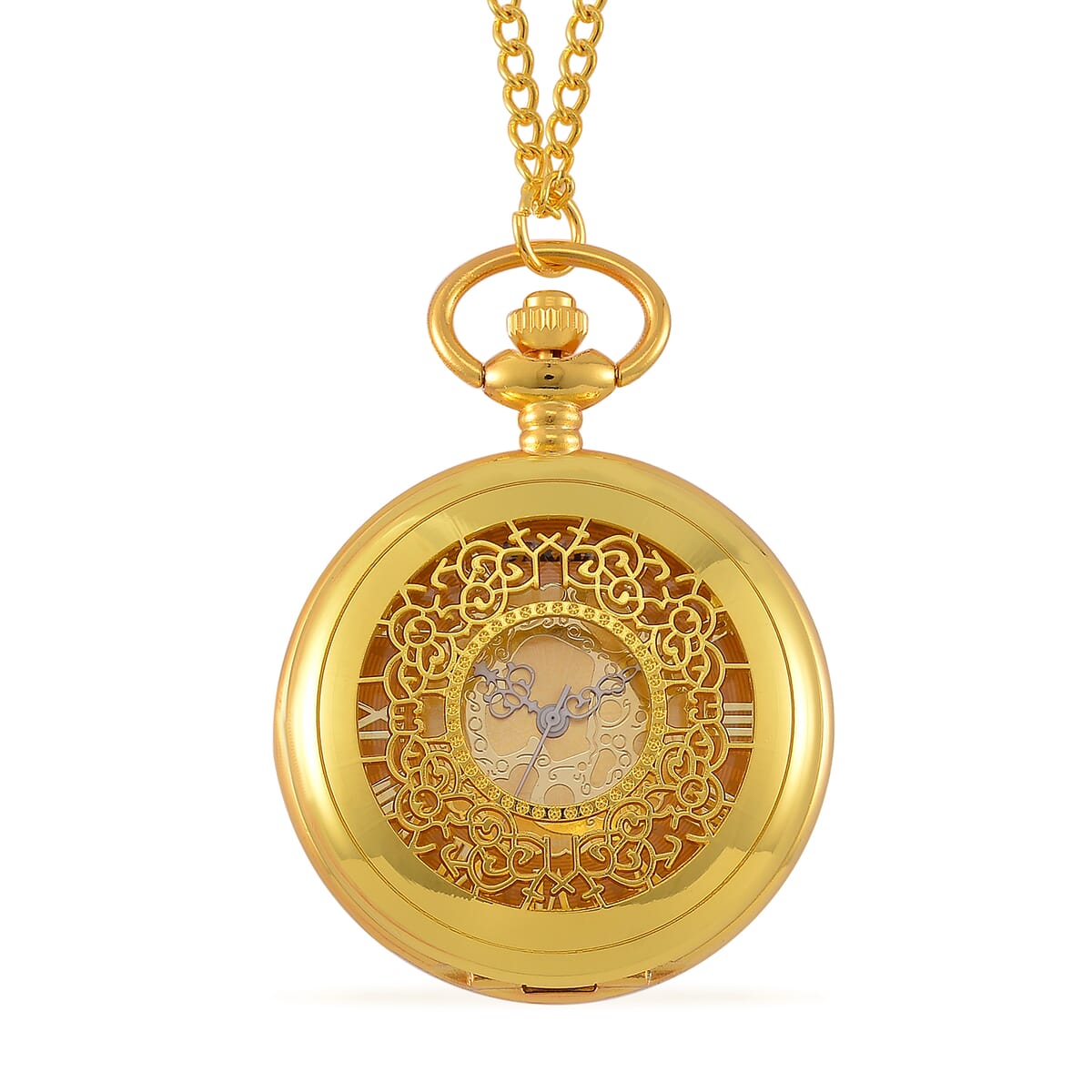 Strada Japanese Movement Flower Pattern Pocket Watch wih Chain 31 Inches in Goldtone image number 0