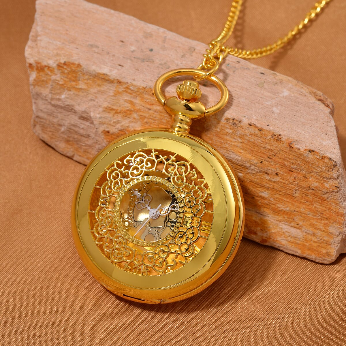 Strada Japanese Movement Flower Pattern Pocket Watch wih Chain 31 Inches in Goldtone image number 1