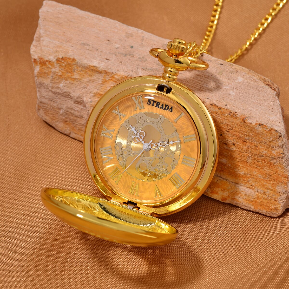 Strada Japanese Movement Flower Pattern Pocket Watch wih Chain 31 Inches in Goldtone image number 2