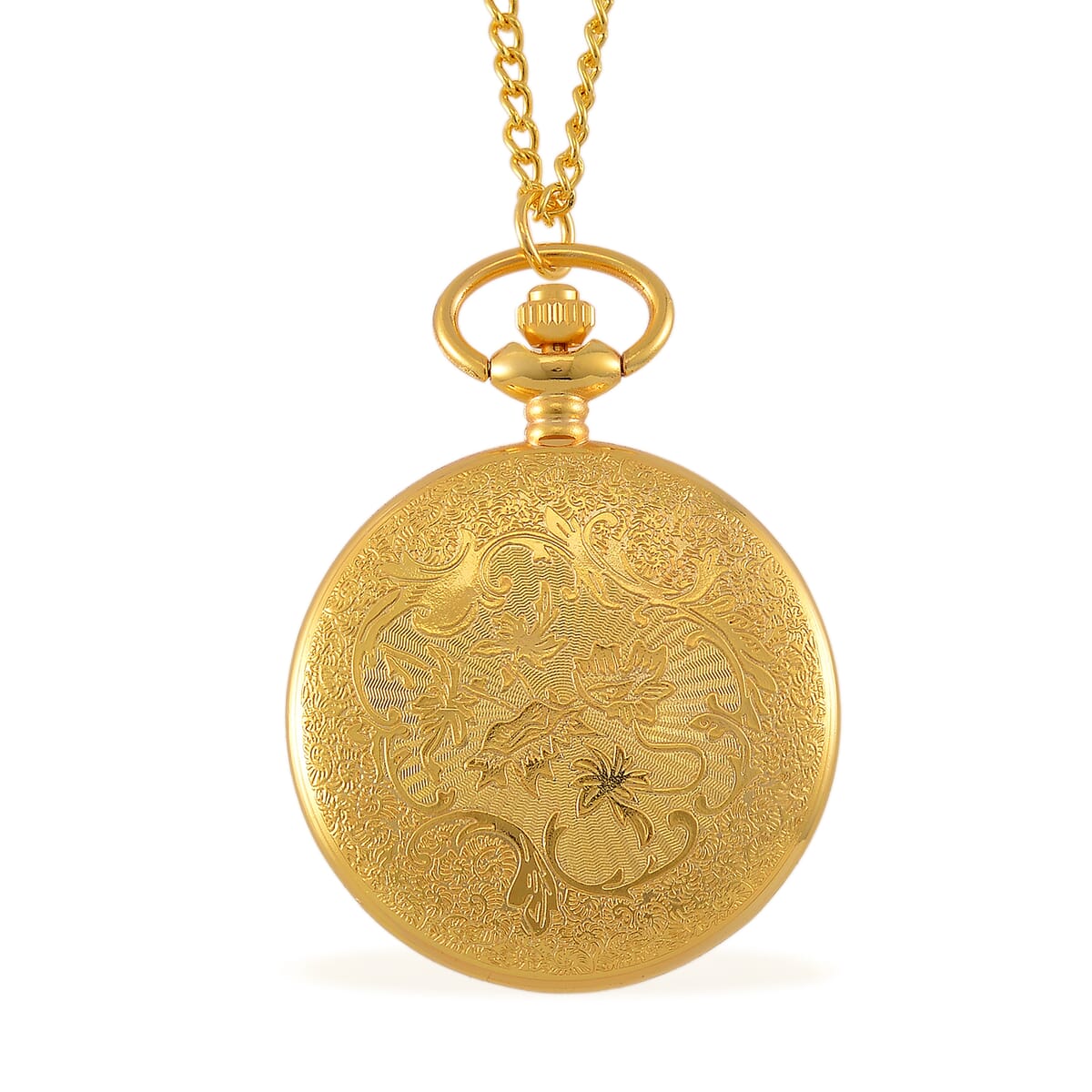 Strada Japanese Movement Flower Pattern Pocket Watch wih Chain 31 Inches in Goldtone image number 4