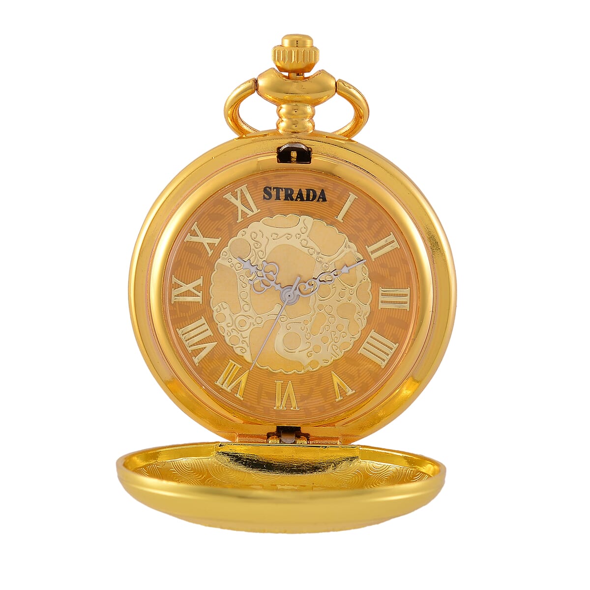 Strada Japanese Movement Flower Pattern Pocket Watch wih Chain 31 Inches in Goldtone image number 5
