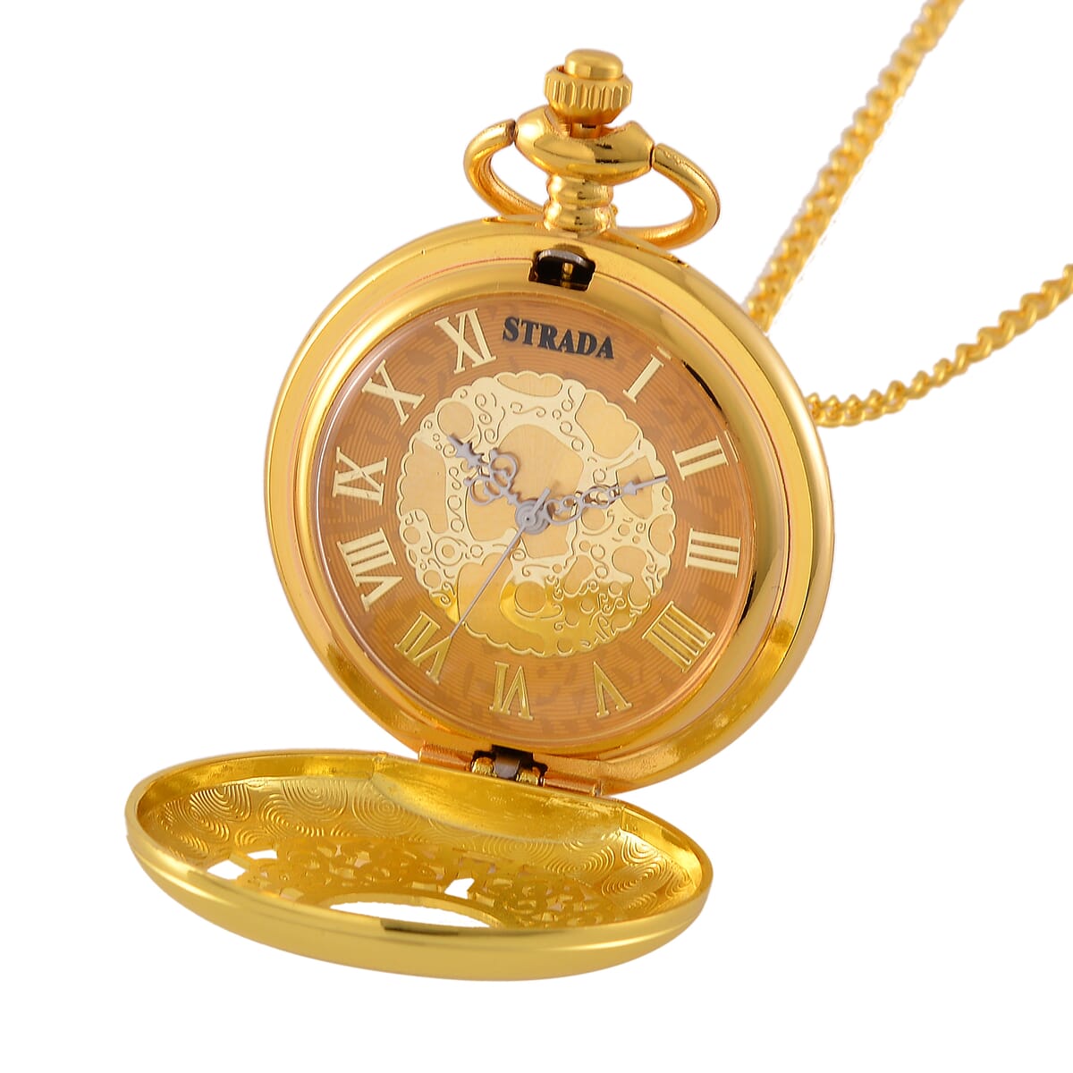Strada Japanese Movement Flower Pattern Pocket Watch wih Chain 31 Inches in Goldtone image number 6