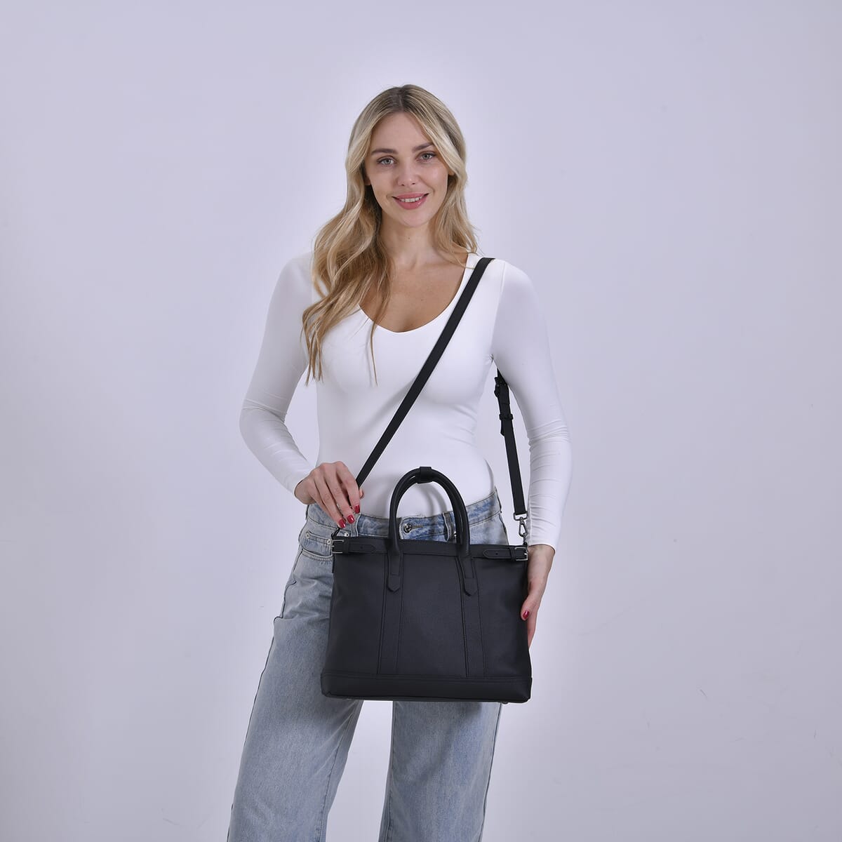 Black Genunie Leather Crossbody Bag with Adjustable Shoulder Strap image number 1