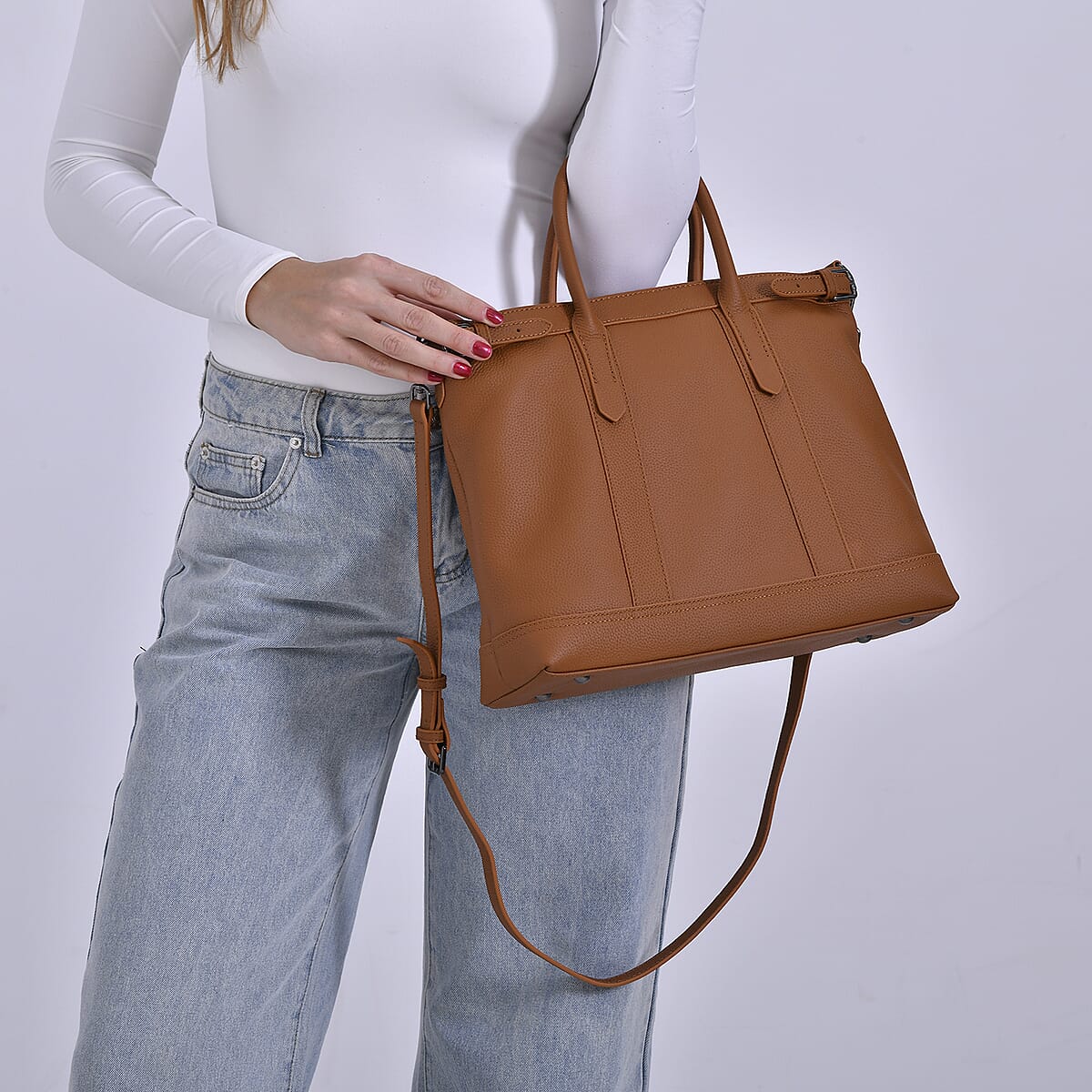 Tan Genunie Leather Crossbody Bag with Adjustable Shoulder Strap image number 2