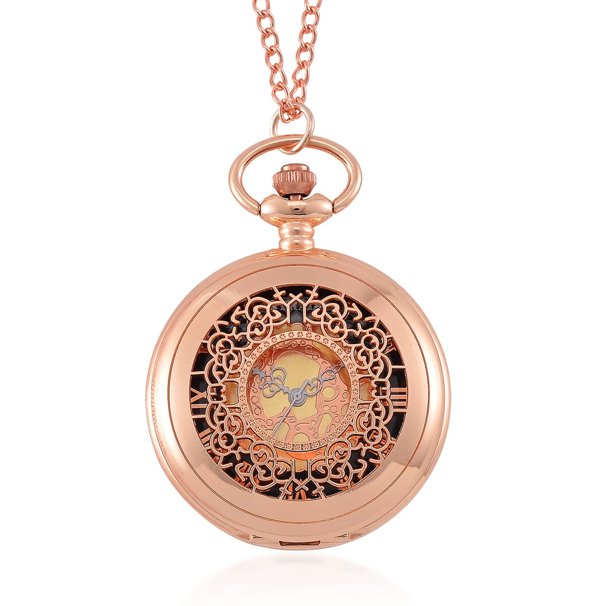 Strada Japanese Movement Flower Pattern Pocket Watch with Chain 31 Inches in Rosetone image number 0