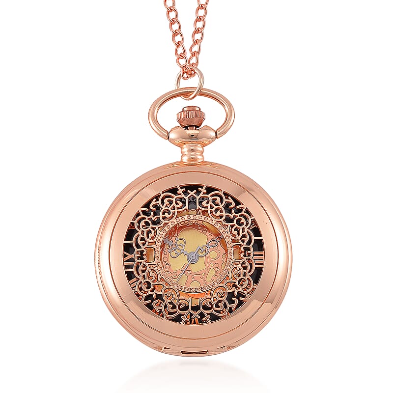Strada Japanese Movement Flower Pattern Pocket Watch with Chain 31 Inches in Rosetone