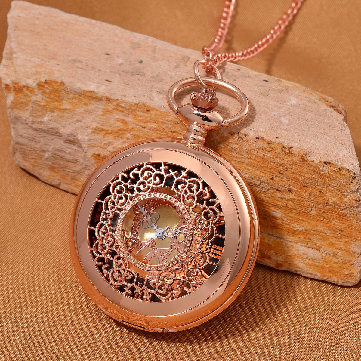 Strada Japanese Movement Flower Pattern Pocket Watch with Chain 31 Inches in Rosetone image number 1
