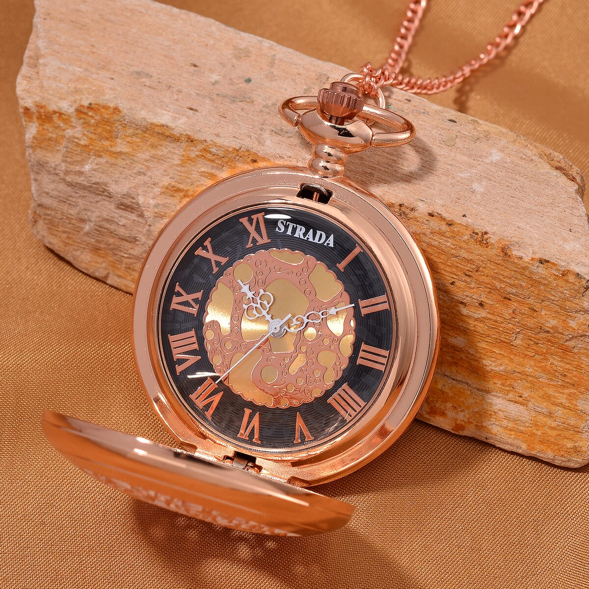 Strada Japanese Movement Flower Pattern Pocket Watch with Chain 31 Inches in Rosetone image number 2