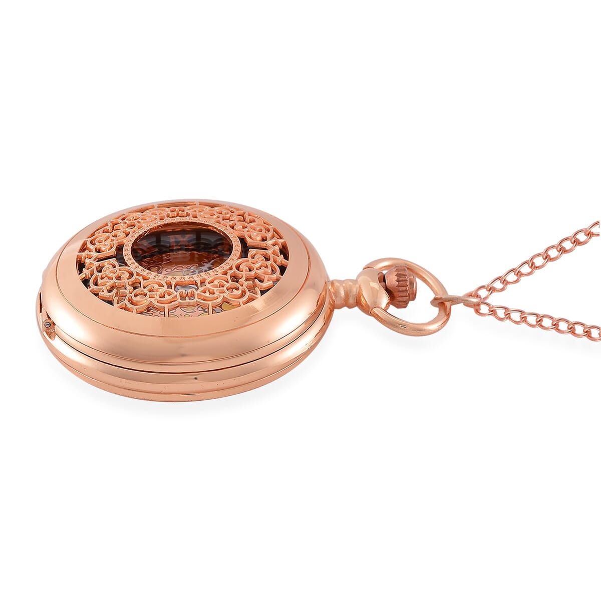 Strada Japanese Movement Flower Pattern Pocket Watch with Chain 31 Inches in Rosetone image number 3
