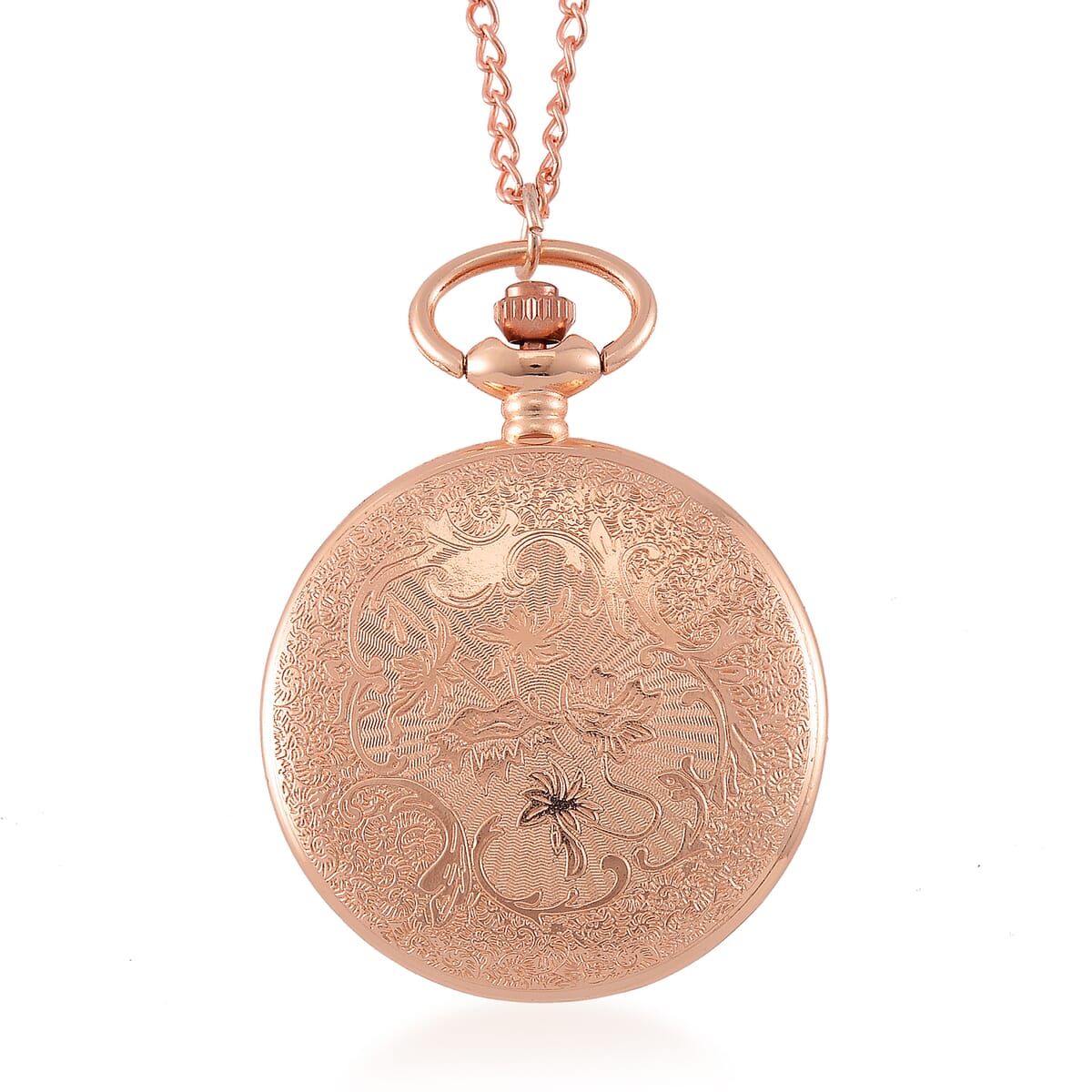 Strada Japanese Movement Flower Pattern Pocket Watch with Chain 31 Inches in Rosetone image number 4