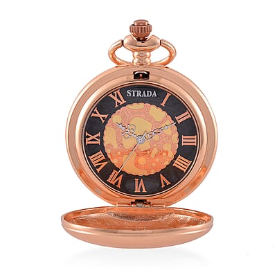 Strada Japanese Movement Flower Pattern Pocket Watch with Chain 31 Inches in Rosetone