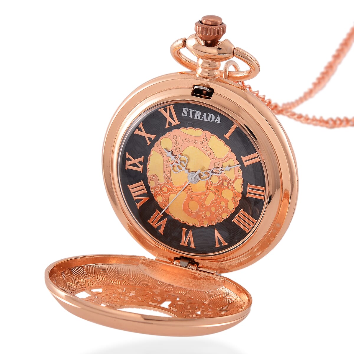 Strada Japanese Movement Flower Pattern Pocket Watch with Chain 31 Inches in Rosetone image number 7