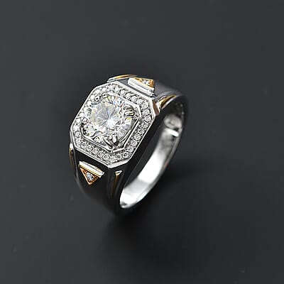 D'Joy Strontium Titanate and Moissanite 3.25 ctw Mens Ring in 18K Vermeil YG and Rhodium Over Sterling Silver (Size 10.0) 