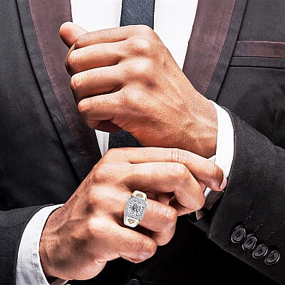 D'Joy Strontium Titanate and Moissanite 3.25 ctw Mens Ring in 18K Vermeil YG and Rhodium Over Sterling Silver (Size 10.0) 