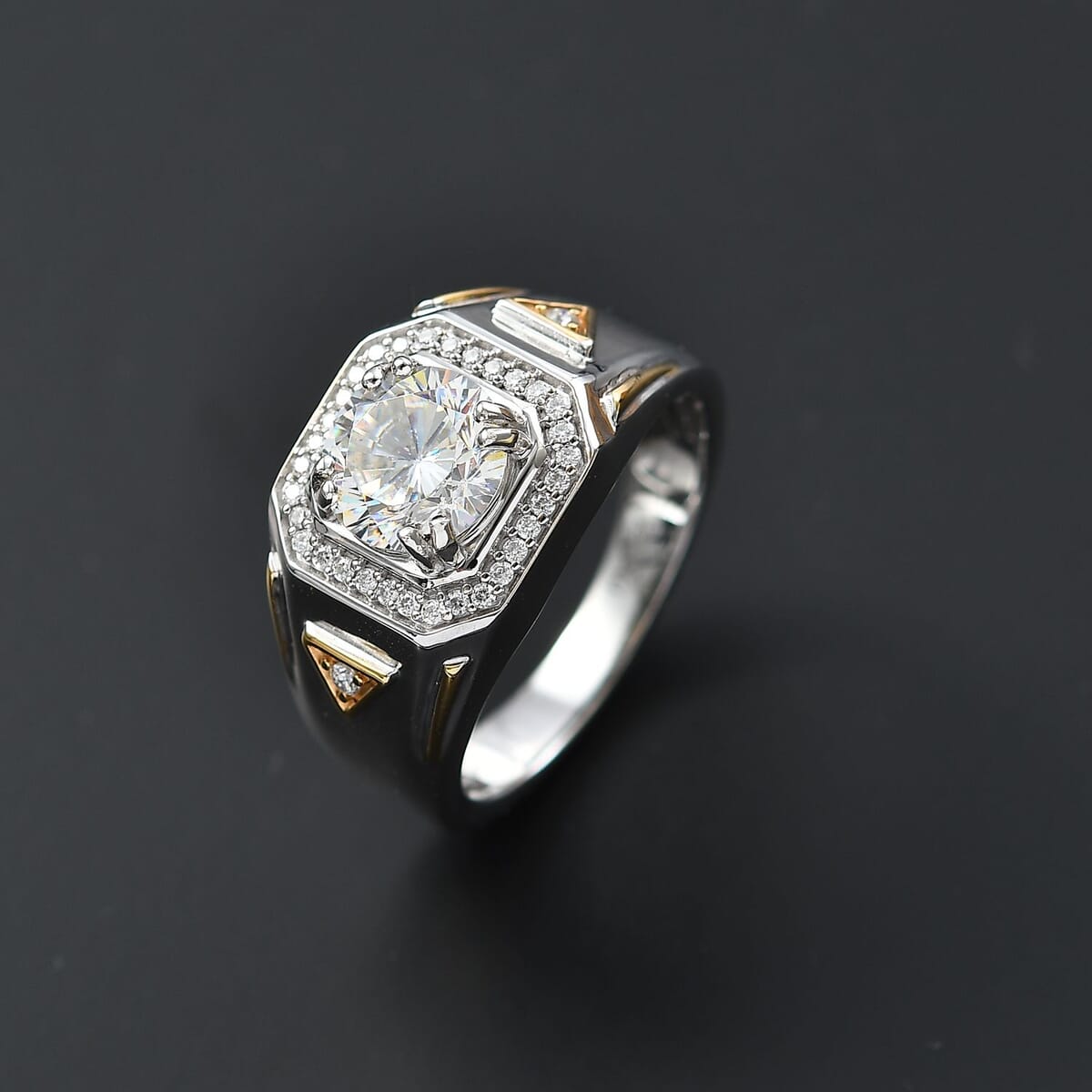 Strontium Titanate and Moissanite 3.25 ctw Mens Ring in 18K Vermeil YG and Rhodium Over Sterling Silver (Size 14.0)  image number 1