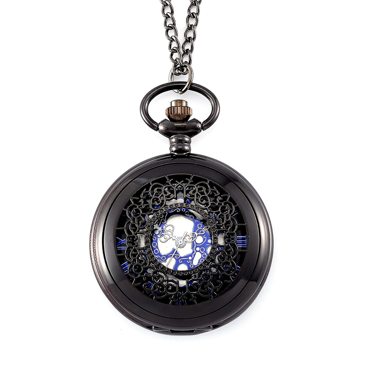 Strada Japanese Movement Flower Pattern Pocket Watch with Chain 31 Inches in Black Silvertone image number 0