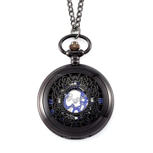 Strada Japanese Movement Flower Pattern Pocket Watch with Chain 31 Inches in Black Silvertone