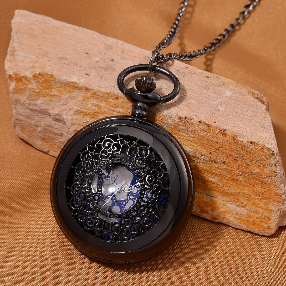 Strada Japanese Movement Flower Pattern Pocket Watch with Chain 31 Inches in Black Silvertone image number 1