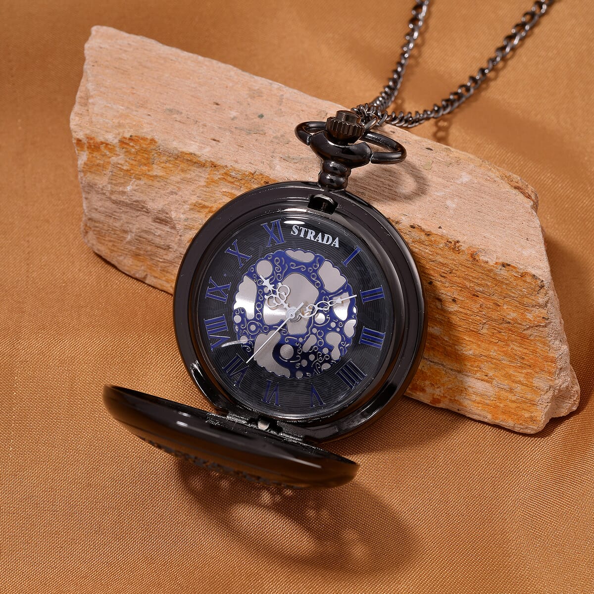 Strada Japanese Movement Flower Pattern Pocket Watch with Chain 31 Inches in Black Silvertone image number 2