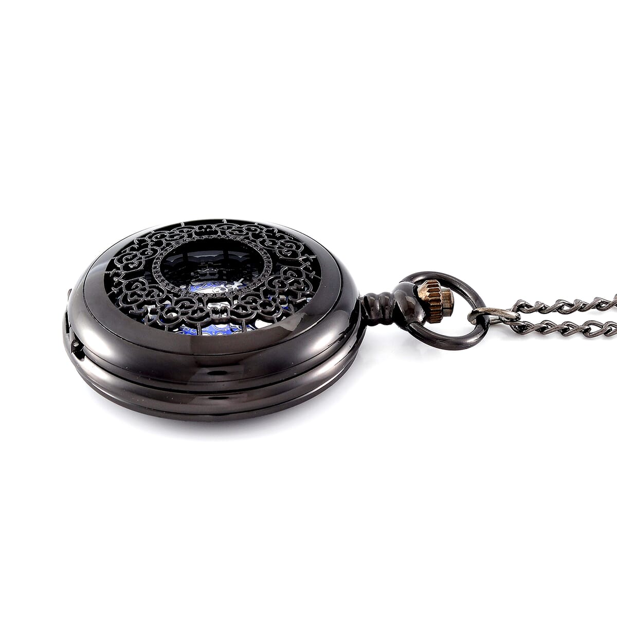 Strada Japanese Movement Flower Pattern Pocket Watch with Chain 31 Inches in Black Silvertone image number 3