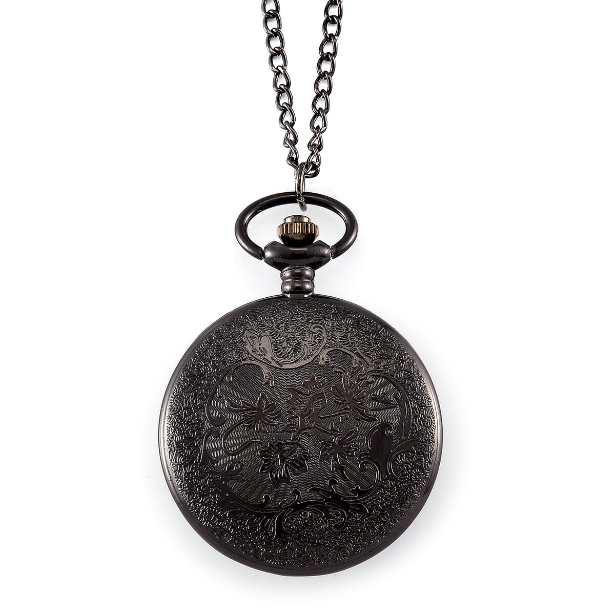 Strada Japanese Movement Flower Pattern Pocket Watch with Chain 31 Inches in Black Silvertone image number 4