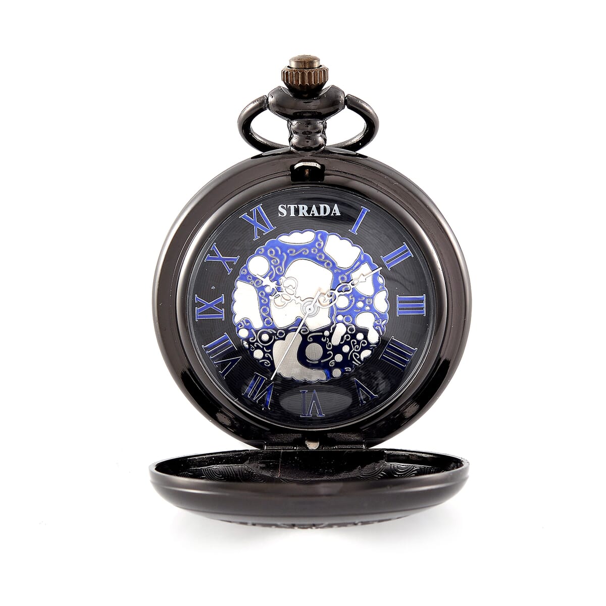 Strada Japanese Movement Flower Pattern Pocket Watch with Chain 31 Inches in Black Silvertone image number 5