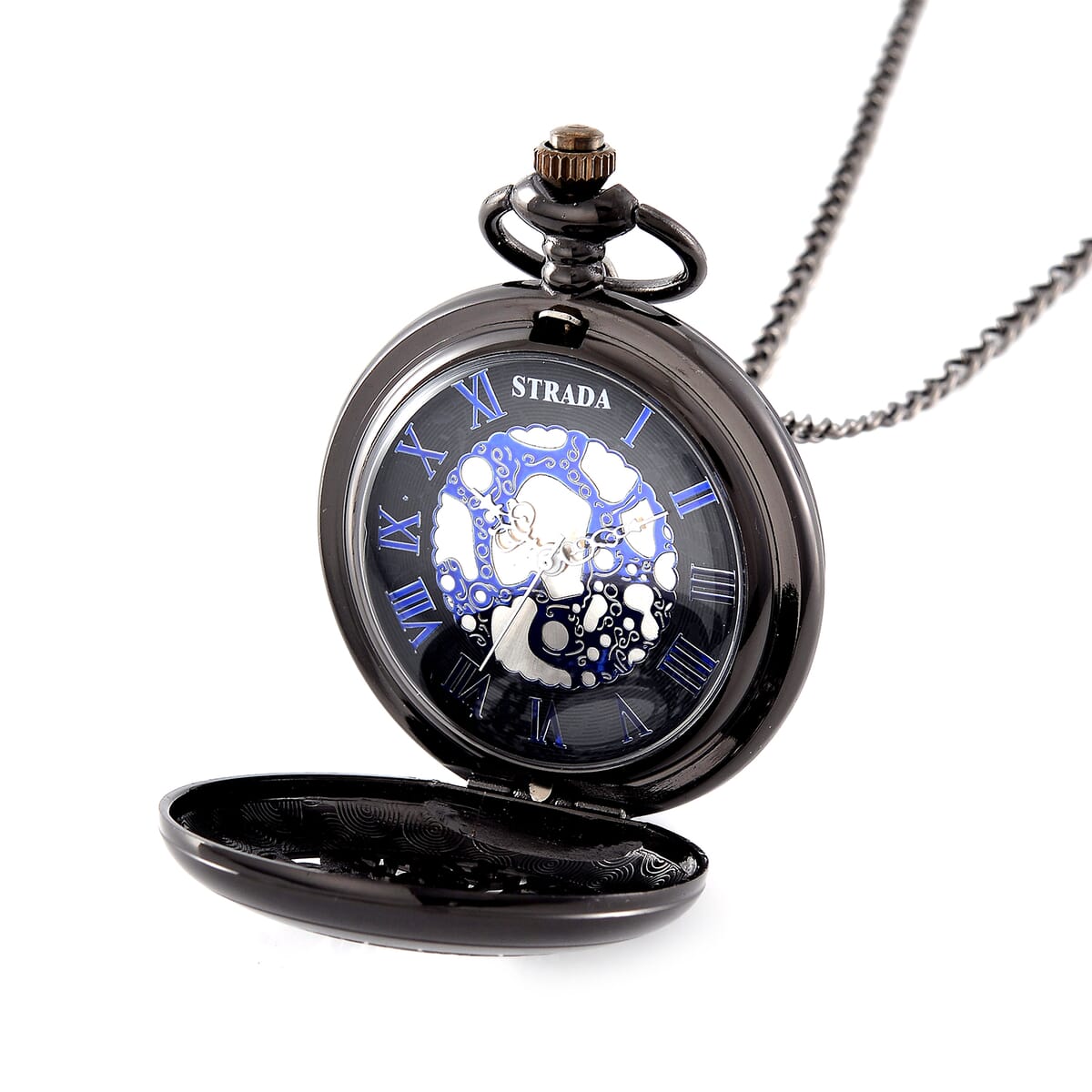 Strada Japanese Movement Flower Pattern Pocket Watch with Chain 31 Inches in Black Silvertone image number 6