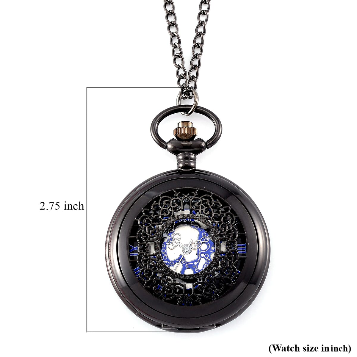 Strada Japanese Movement Flower Pattern Pocket Watch with Chain 31 Inches in Black Silvertone image number 8